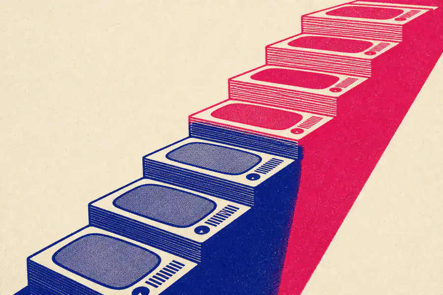 Risograph print: a staircase built from old television sets climbing away from the viewer, the lower steps printed in deep blue and the upper ones in rose.